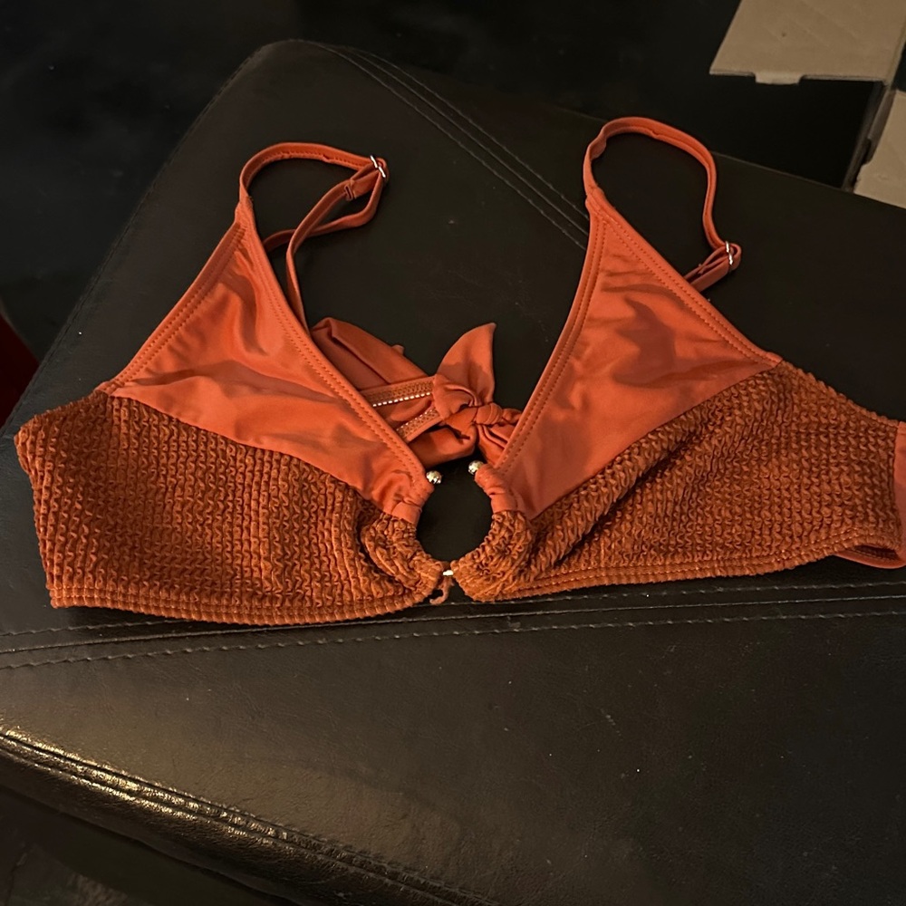 Women's Rust Textured burnt orange bikini top, Center gold O-ring accent.